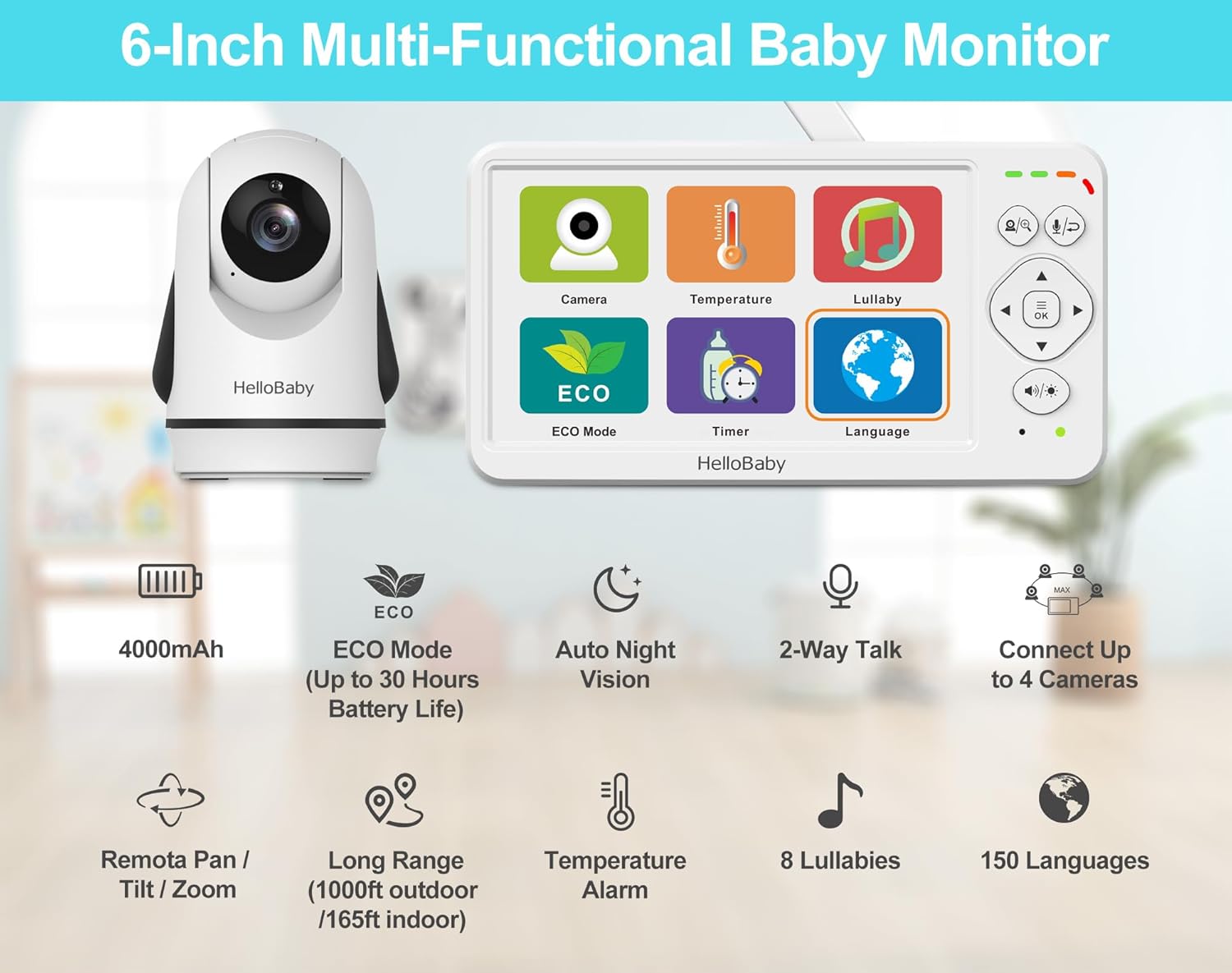 HelloBaby Baby Monitor with Camera and Audio, Large 6'' Video Baby Monitor No WiFi,30-Hour Long