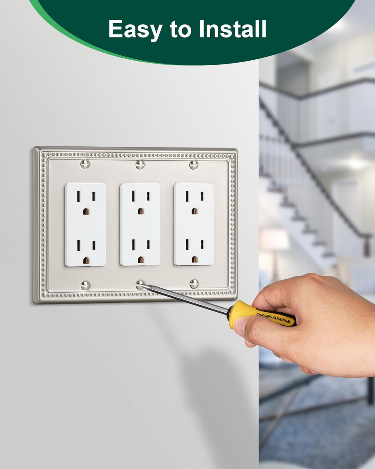 2-Pack Triple Decorator Outlet Cover Plate, Brushed Nickel Pearls Decorative Switch Plates and