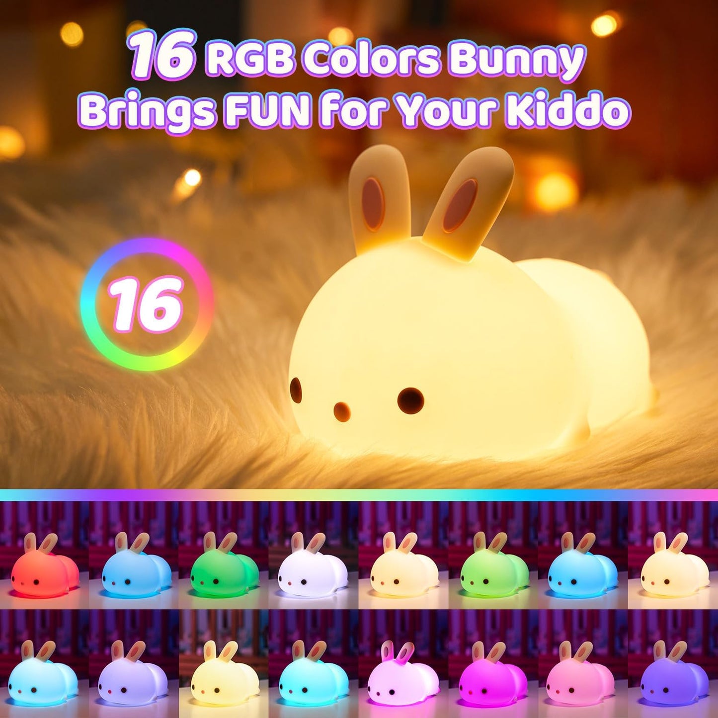 Bunny Night Light for Kids Lamp Cute Lamp, Kawaii 16 Colors Baby Night Lights for Baby Nursery,Soft
