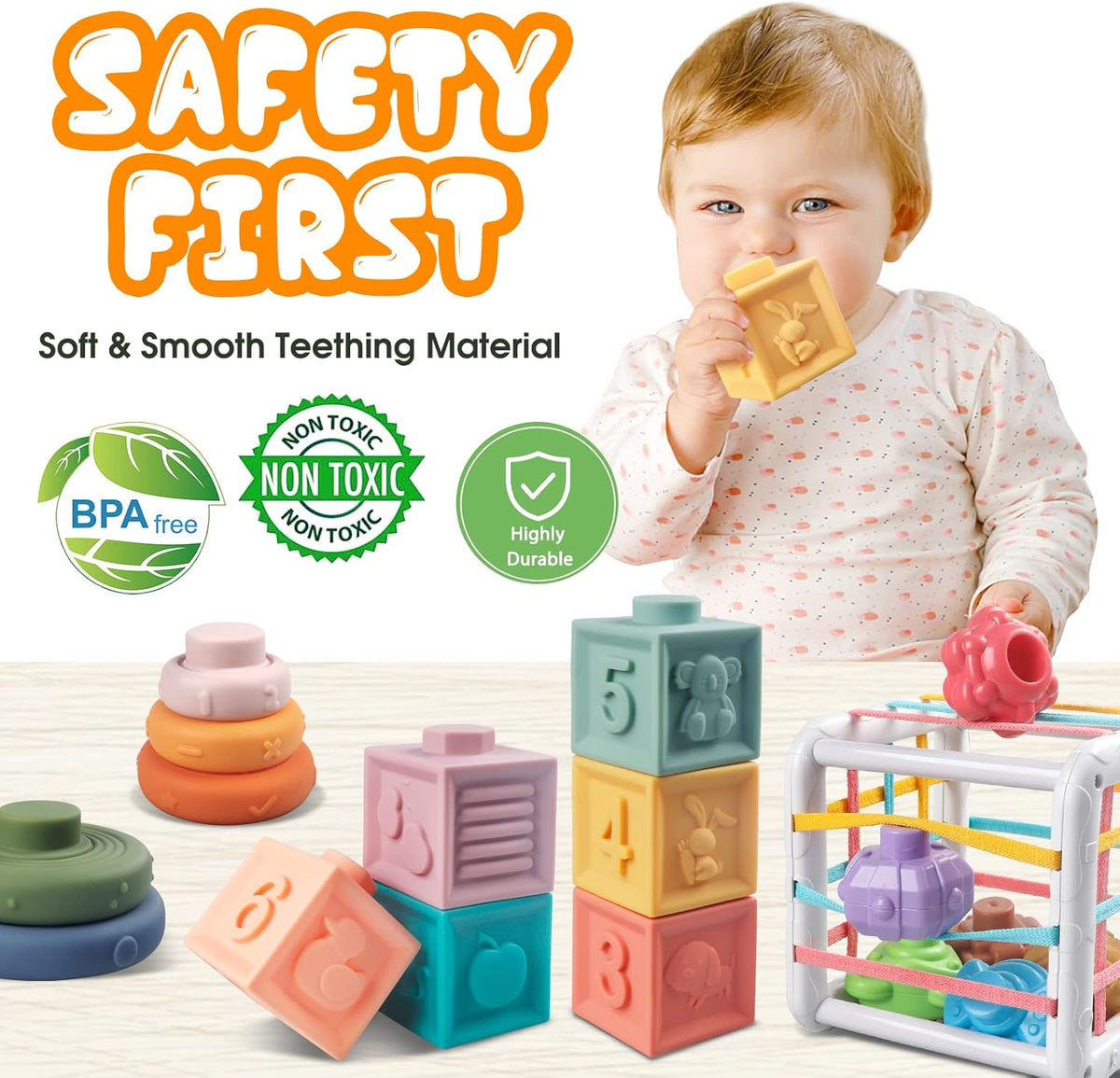 4-in-1 Baby Toys for 6-12 Months, Montessori Soft Stacking Blocks for Babies, Infants Teething
