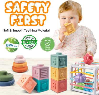 4-in-1 Baby Toys for 6-12 Months, Montessori Soft Stacking Blocks for Babies, Infants Teething