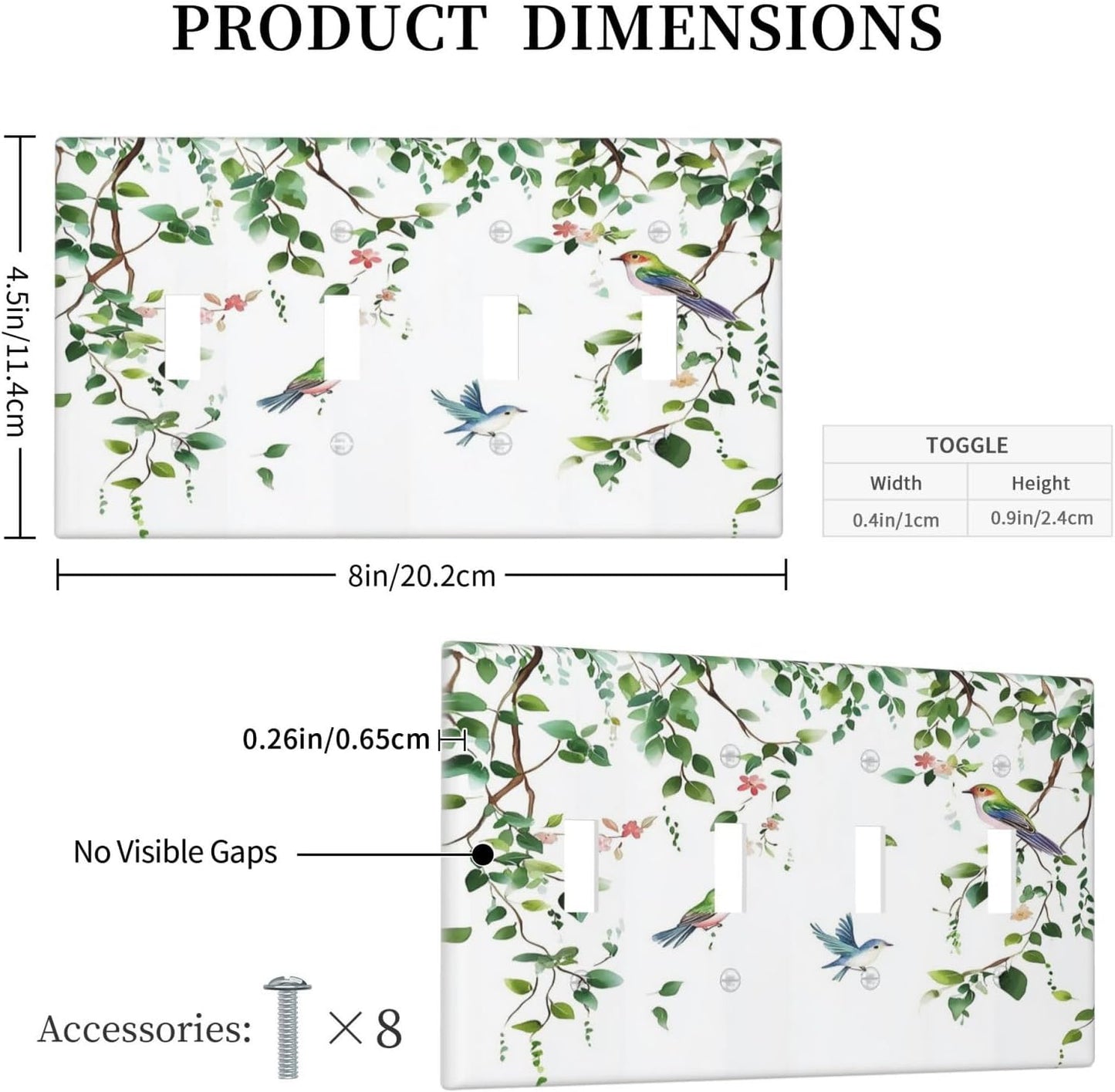 Light Switch Covers Green Leaves Bird Eucalyptus Sage Plant Quad Toggle Electrical Faceplate 4 Gang