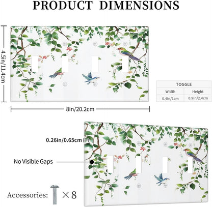 Light Switch Covers Green Leaves Bird Eucalyptus Sage Plant Quad Toggle Electrical Faceplate 4 Gang