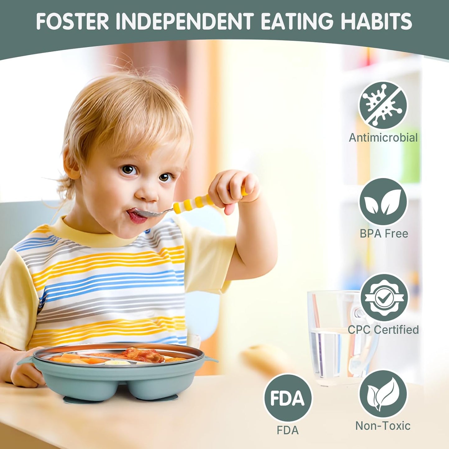 Stainless Steel Toddler Plates with Suction | Non-Slip Divided Baby Plates BPA Free & Non Toxic |