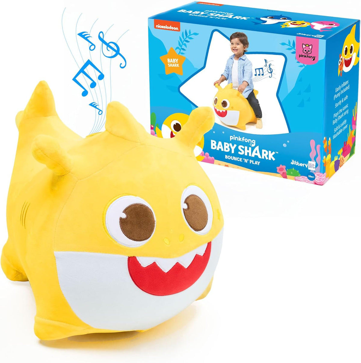JITTERYGIT Baby Shark Official Bouncy Hopper Plush Musical Singing Toy - Inflatable Animal Ride On