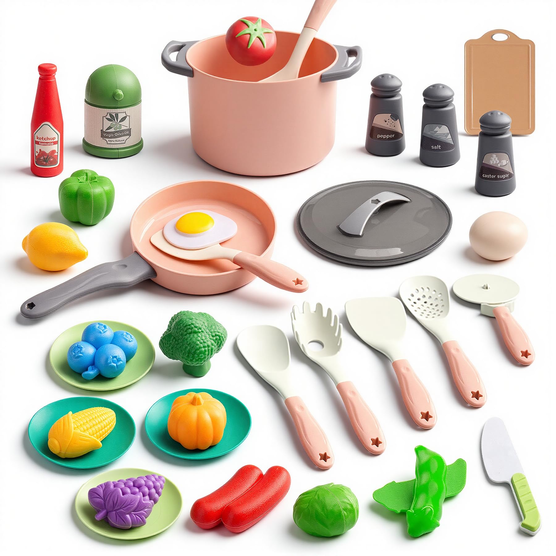 35Pcs Kids Kitchen Toy Accessories, Toddler Pretend Cooking Playset with Play Pots, Pans, Utensils
