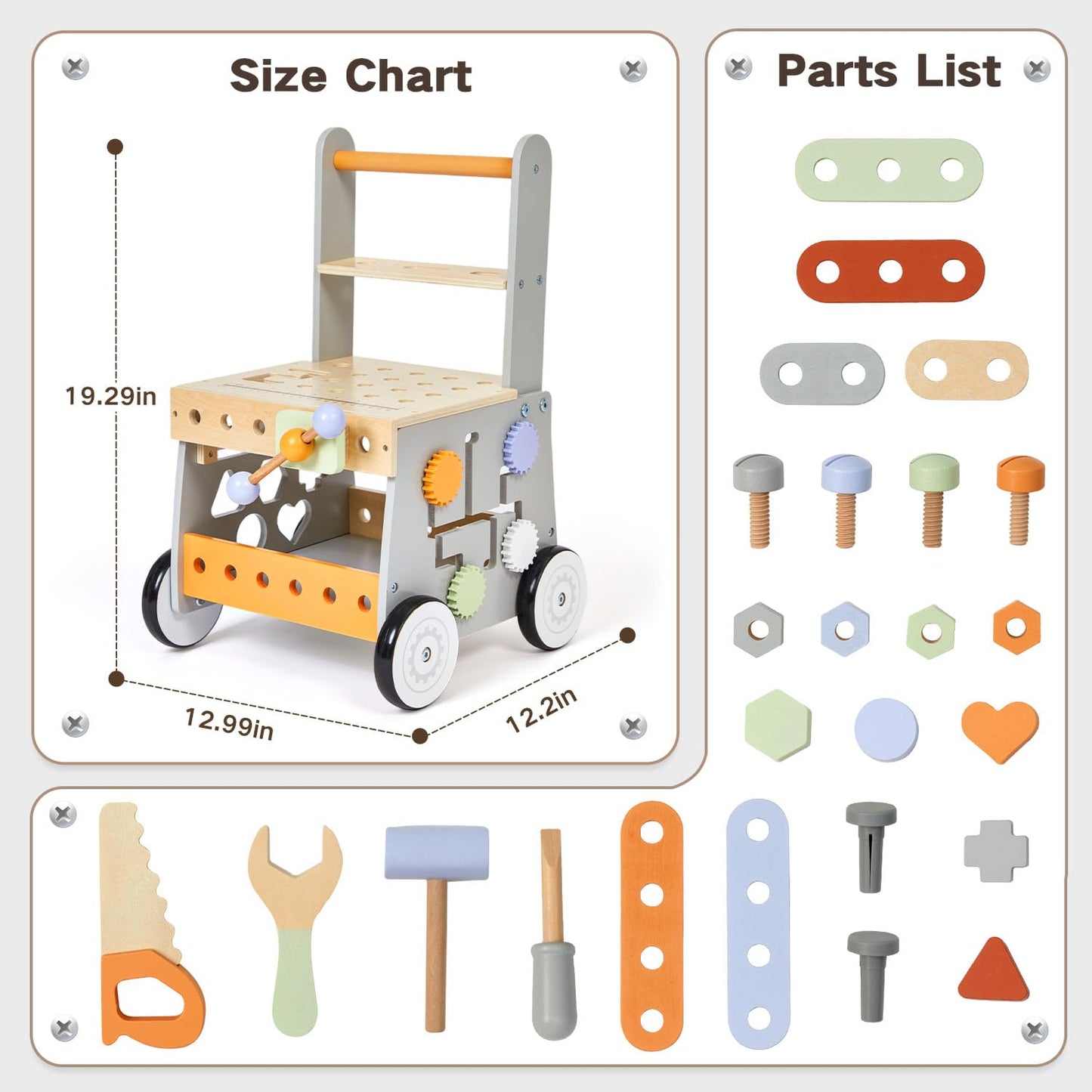 labebe Wooden Baby Walker, Baby Push Walker, Tool Toy for Toddlers, Adjustable Speed Baby Walker