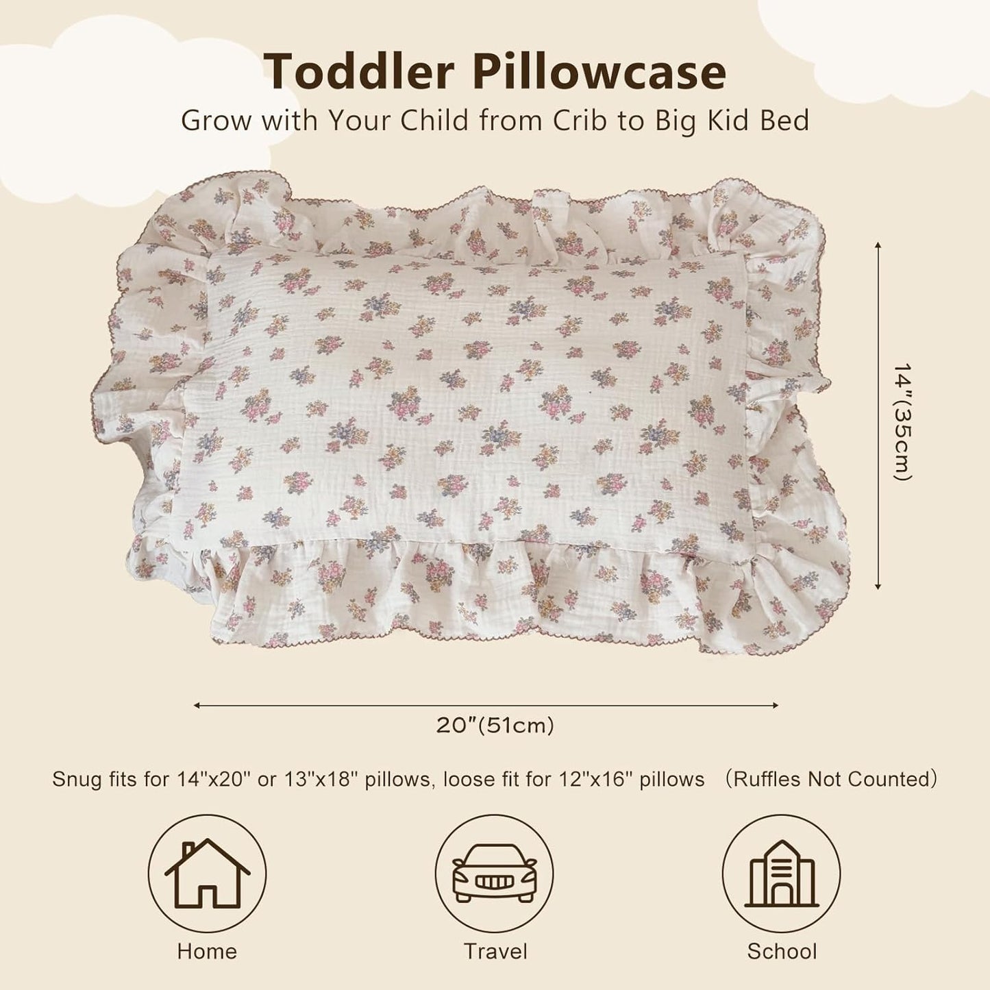 BuLuTu Chic Floral Themed Toddler Pillowcases with Ruffles, 100% Cotton Muslin Pillow Cases Crib