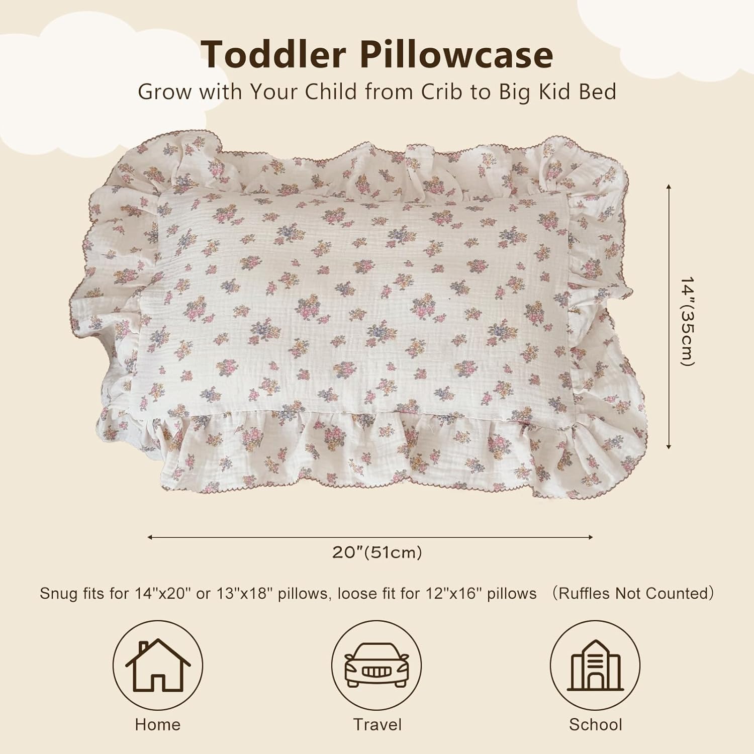 BuLuTu Chic Floral Themed Toddler Pillowcases with Ruffles, 100% Cotton Muslin Pillow Cases Crib