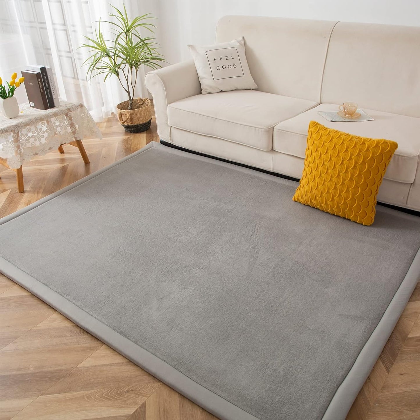 MAXYOYO Grey Coral Velvet Area Rug, Thick Japanese Tatami Mat Living Room Carpet with Non-Slip
