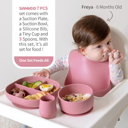 SAMiGO Silicone Baby Feeding Set, Baby Led Weaning Supplies, Suction Bowl Plate Bib Cup Self