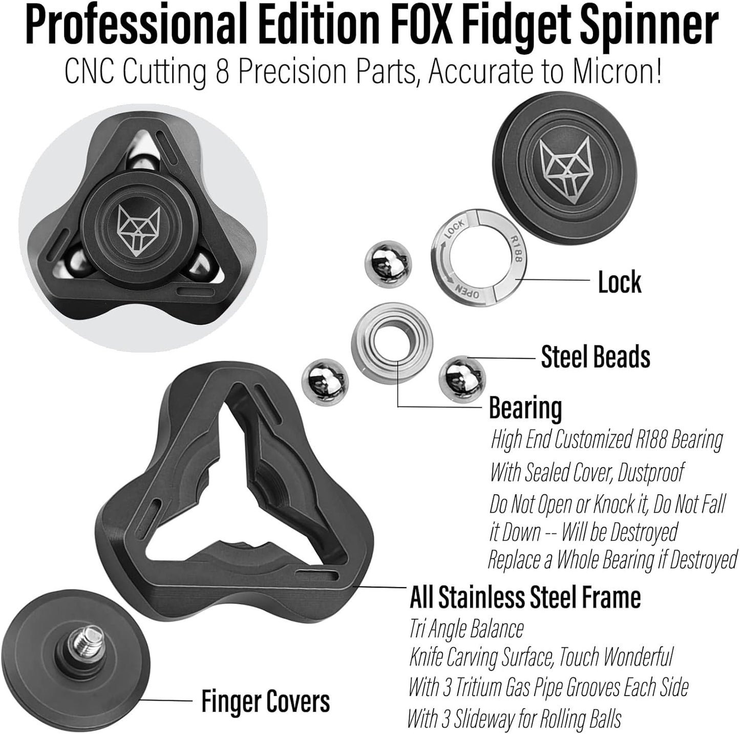 FREELOVE Upgraded Fox Metal Fidget Spinner for Adults, Steel/Glow Balls Clicking Noise, Mini Small