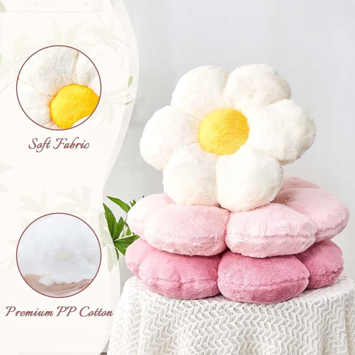 White Flower Plush Throw Pillow, Cute Decorative Flower Shaped with Faux Rabbit Fur, 14.9" Soft