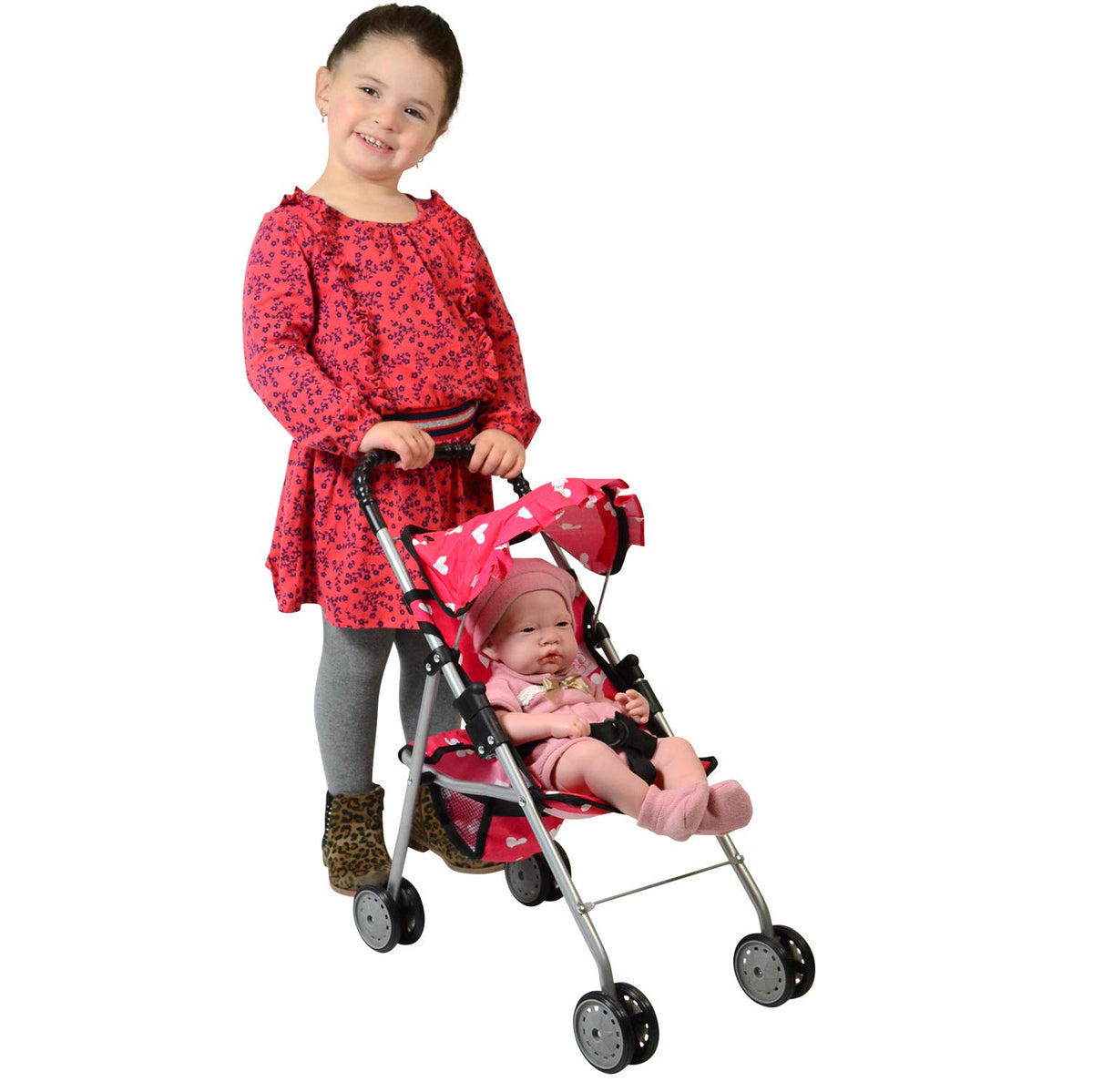 The New York Doll Collection My First Doll Stroller with Basket & Heart Design Foldable Doll