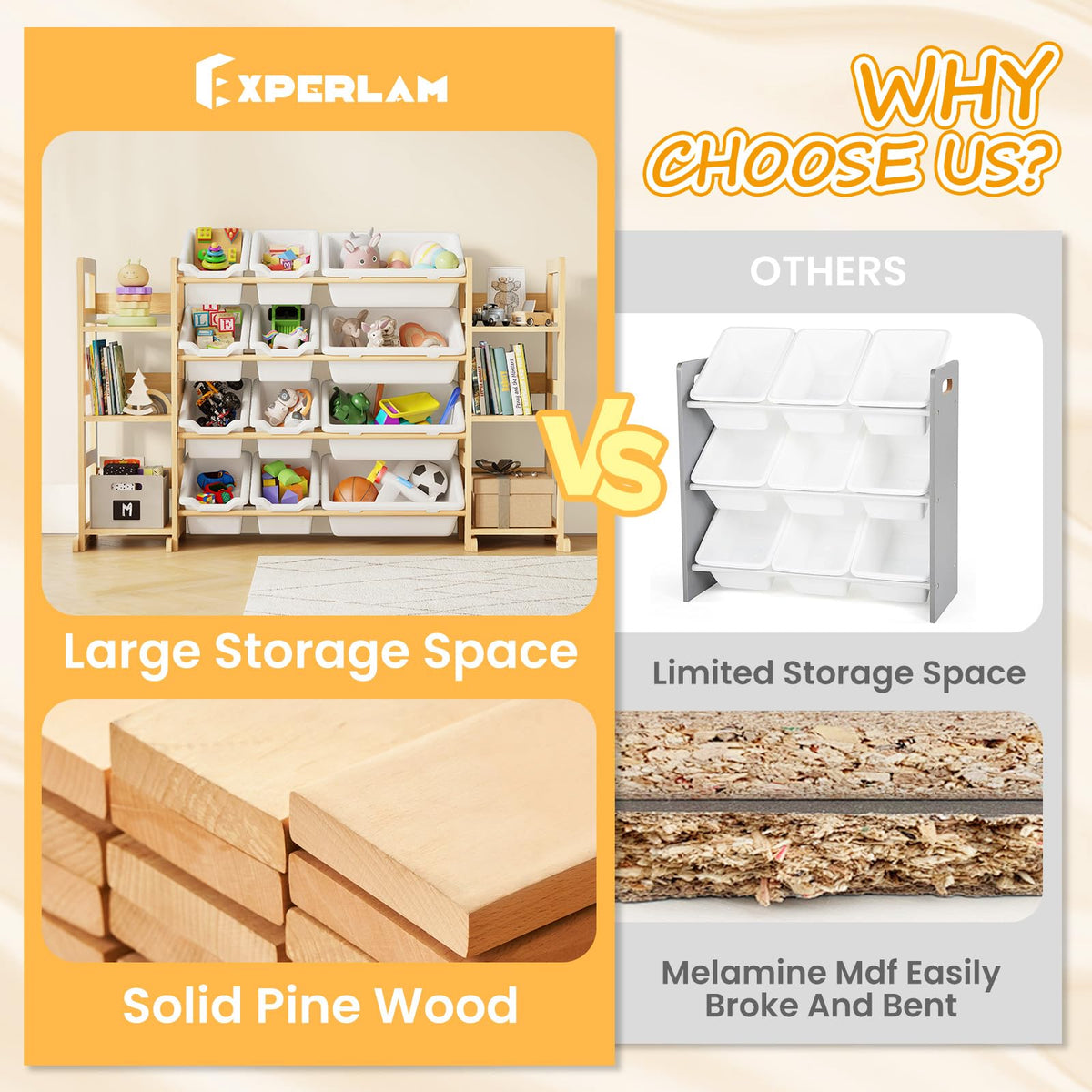 EXPERLAM Extra Large Toy Storage - Toy Storage Organizer, Wooden Toy Organizer with 6 Side Shelves