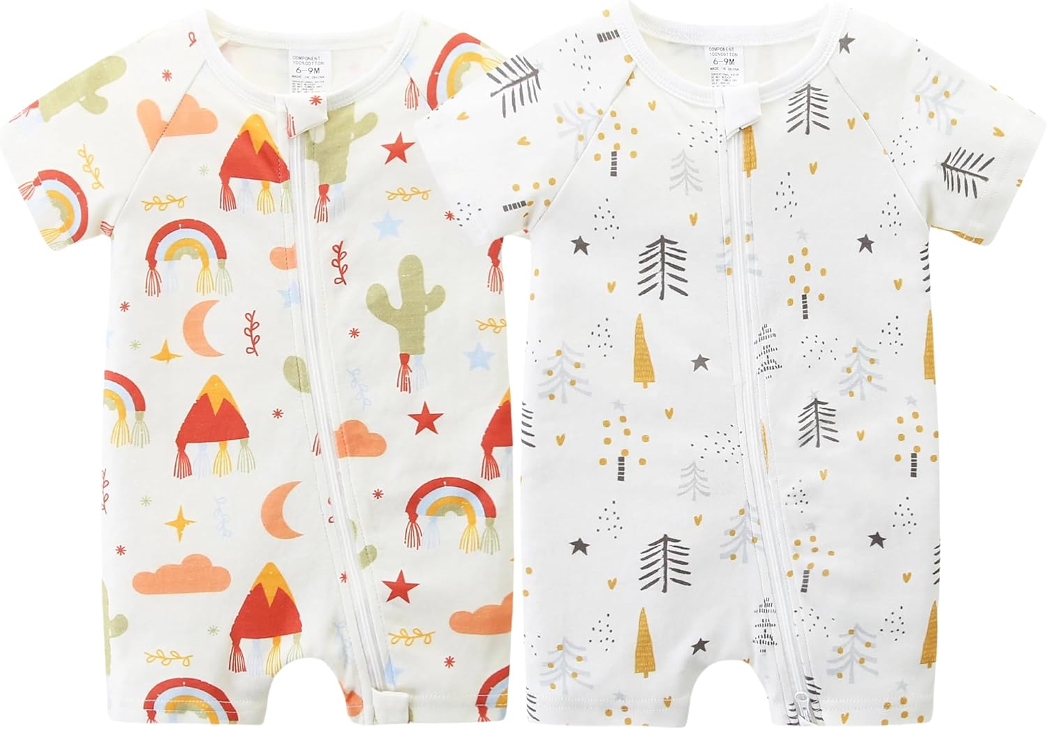Unisex Summer Trendy 2-Pack Rompers Short Sleeve Zipped Bodysuit Infant Cotton Outfits