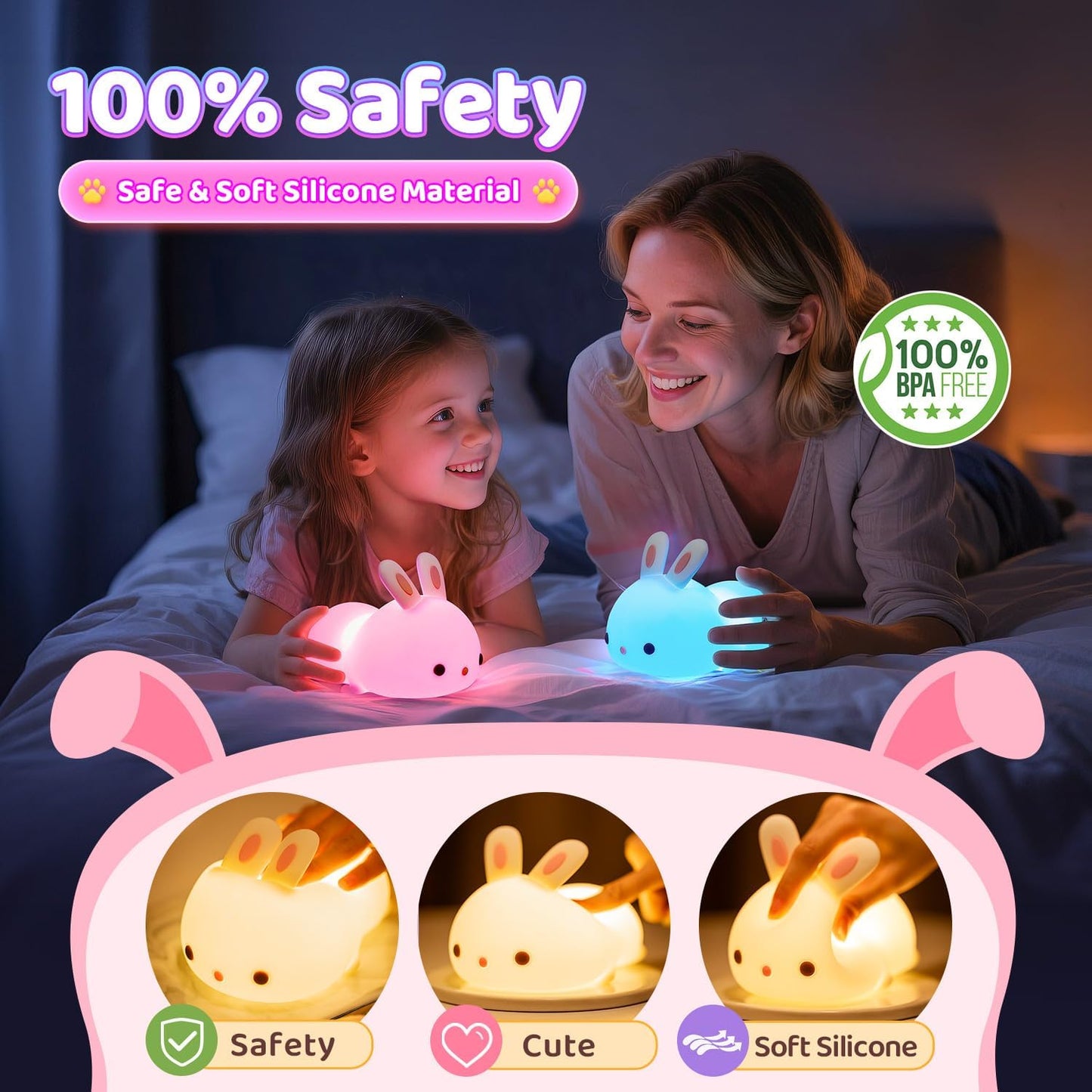Bunny Night Light for Kids Lamp Cute Lamp, Kawaii 16 Colors Baby Night Lights for Baby Nursery,Soft