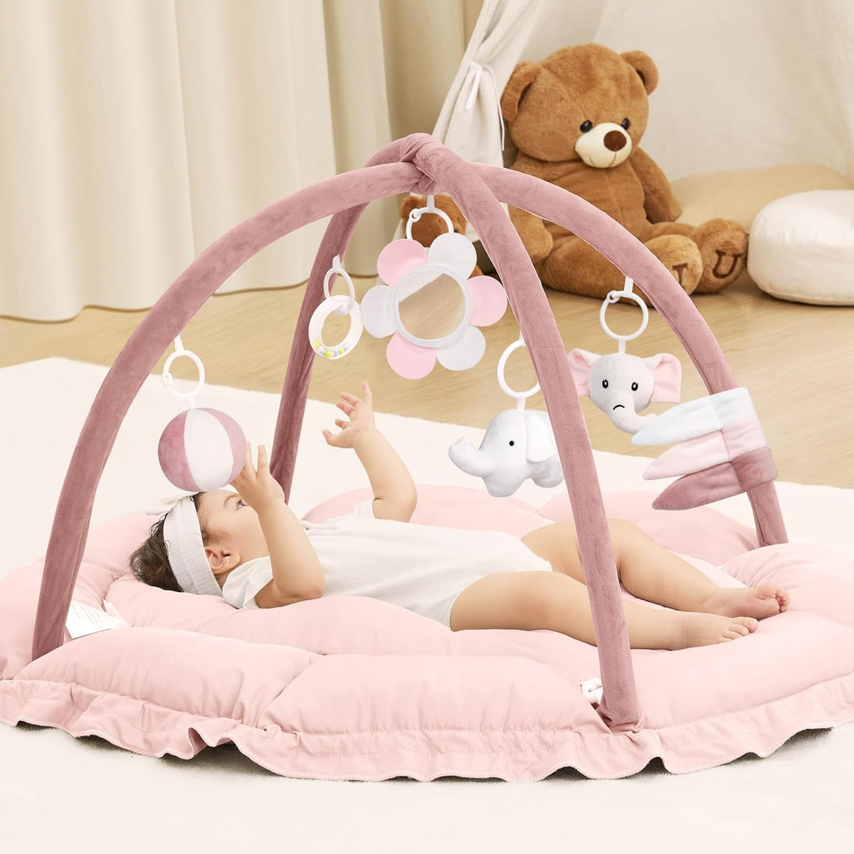 ANGELBLISS 5 in 1 Baby Play Gym Mat, Reversible Tummy Time Mat with 5 Sensory Toys for Stage-Based