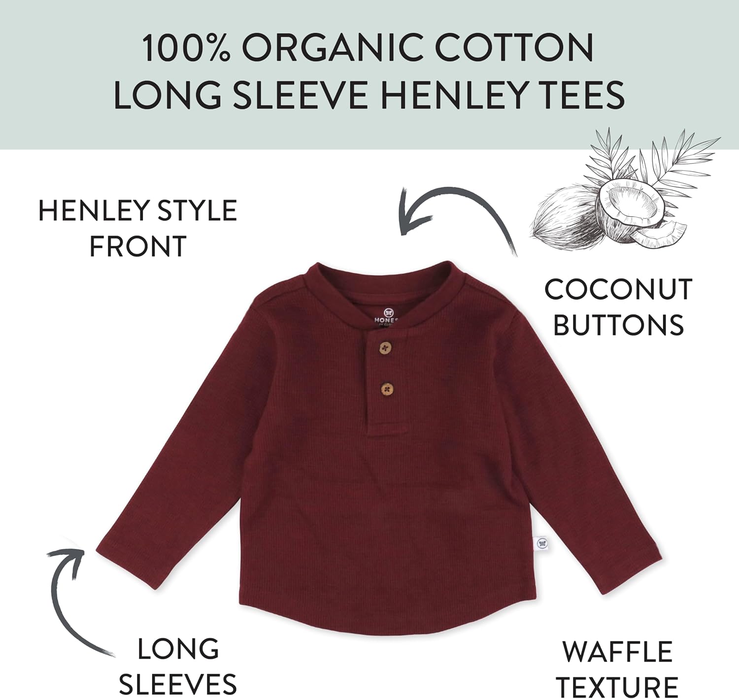 HonestBaby 5-pack Waffle Henley Long Sleeve Shirts 100% Organic Cotton for Infant Baby and Toddler