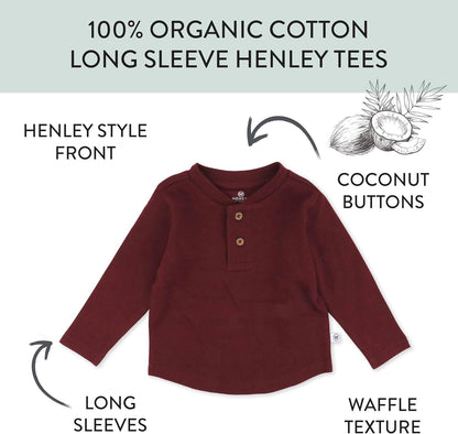 HonestBaby 5-pack Waffle Henley Long Sleeve Shirts 100% Organic Cotton for Infant Baby and Toddler