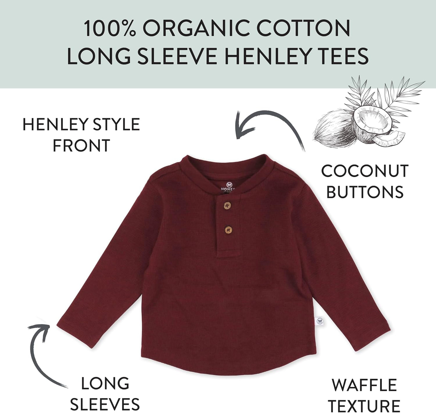 HonestBaby 5-pack Waffle Henley Long Sleeve Shirts 100% Organic Cotton for Infant Baby and Toddler