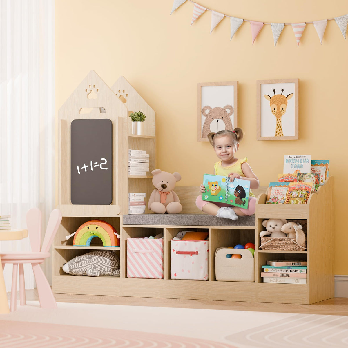 MU Kids Bookshelf with Reading Nook, Wooden Toy Storage Organizer with Chalkboard and Bench, Kids