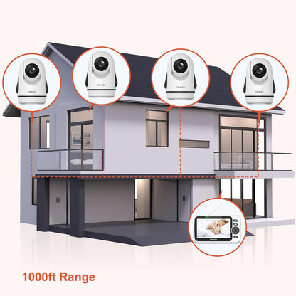 Video Baby Monitor with 4 Cameras, 5" Display Baby Monitor No WiFi, 30H Battery and 1000ft Range