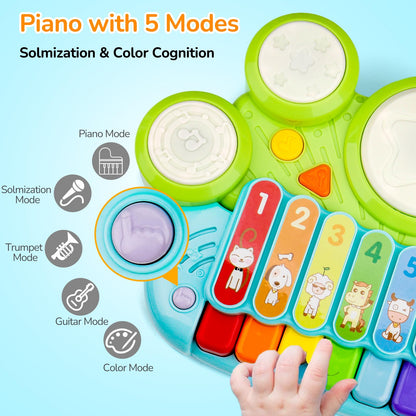 Baby Piano Drum Set for Toddlers, 3-in-1 Baby DJ Table Musical Toys Piano Keyboard Xylophone Drum