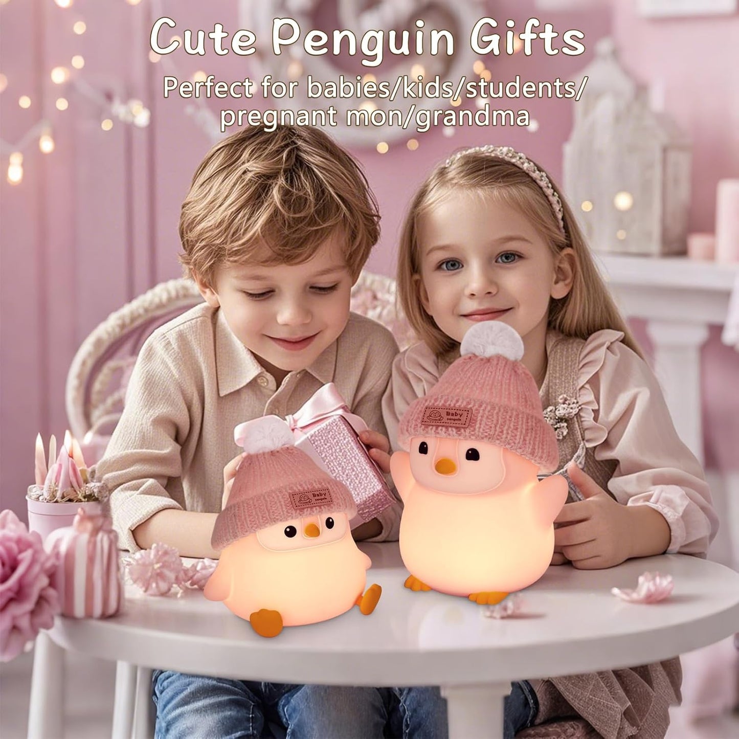 Penguin Silicone Night Light, Cute Pink Penguin Lamp with Knitted Hat, Soft Nursery Nightlight, USB
