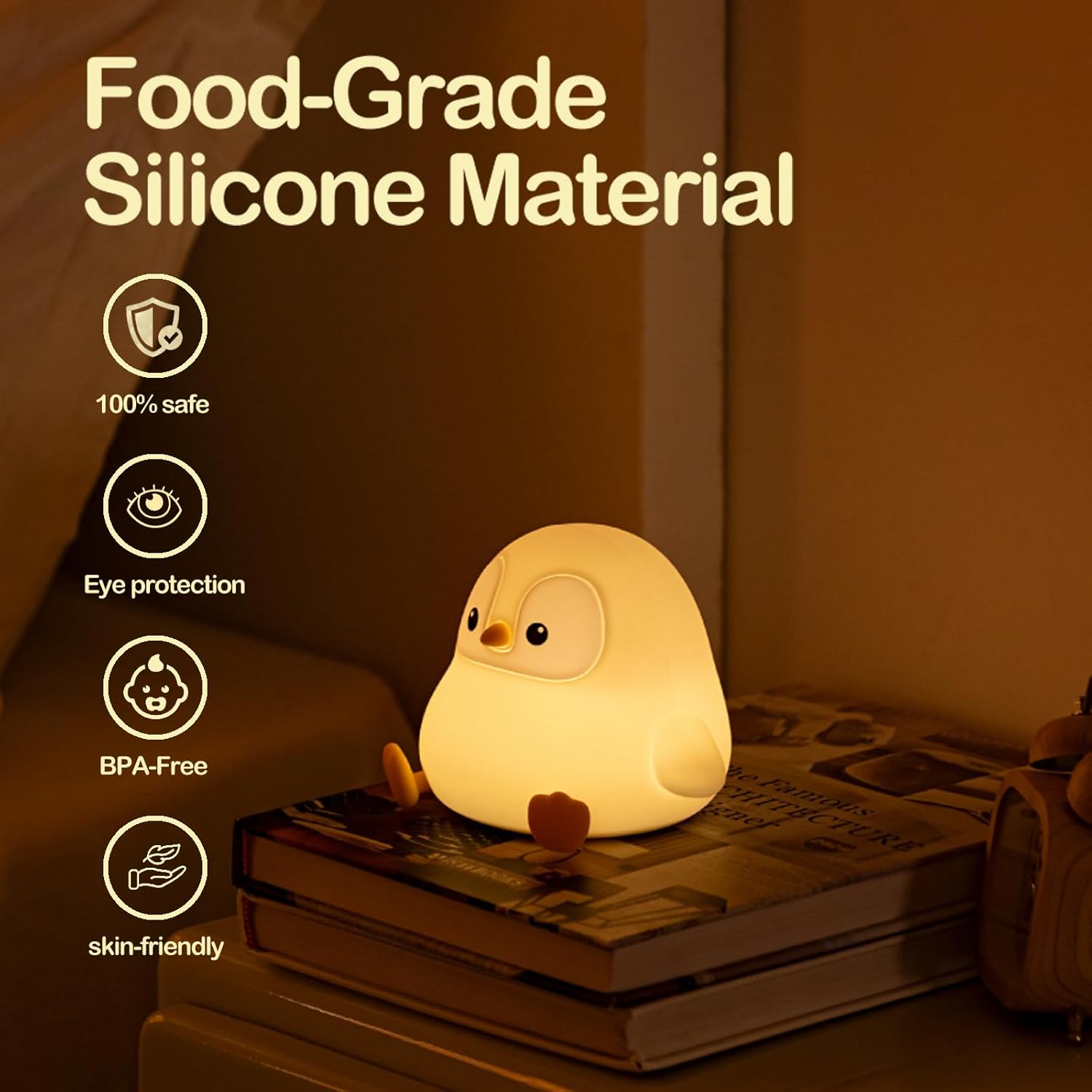 ATSUI Penguin Night Light, LED Squishy Novelty Animal Night Lamp, Food Grade Silicone, 2 Level