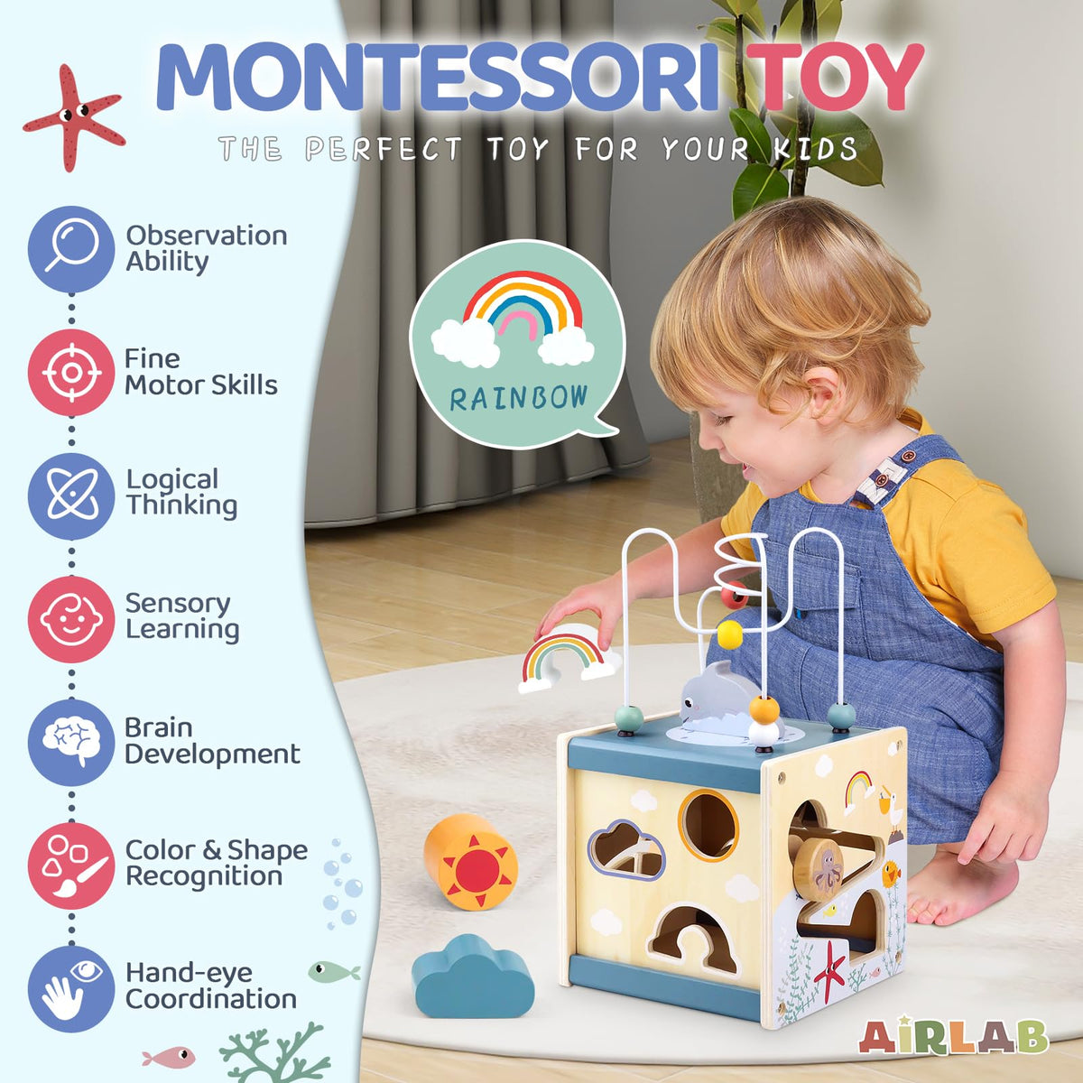 Airlab Wooden Activity Cube Montessori Toys for Boys Girls, Ocean