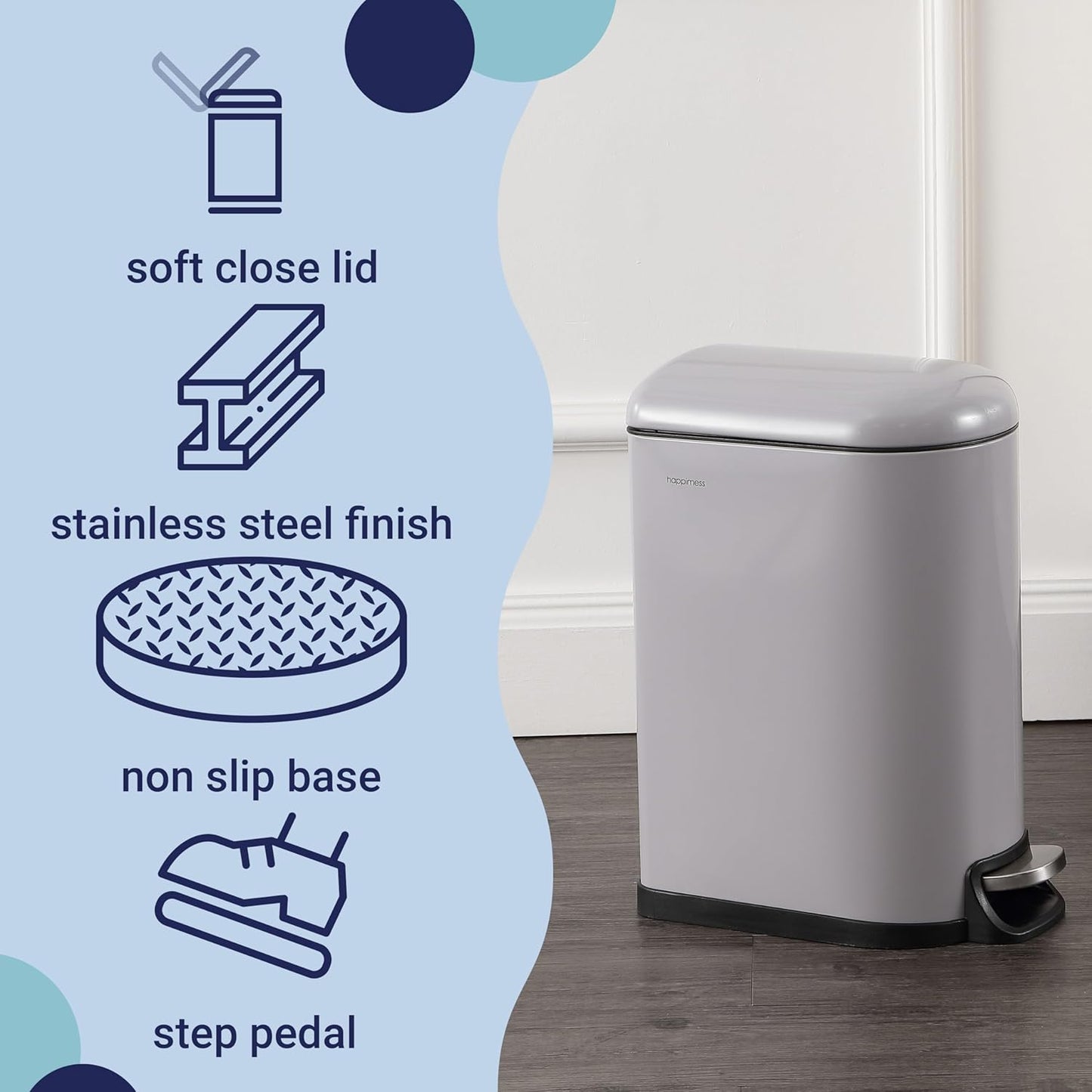 happimess HPM1009I Roland Mini 2.6-Gallon Step-Open Trash Can, Fog Gray,with Soft-Close Lid