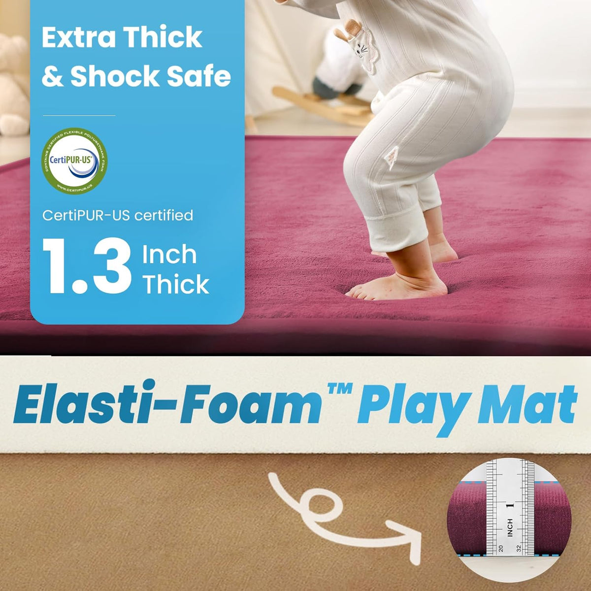 Ultra Soft Baby Play Mat,1.3" Thick Elasti-Foam Tummy Time Mat for
