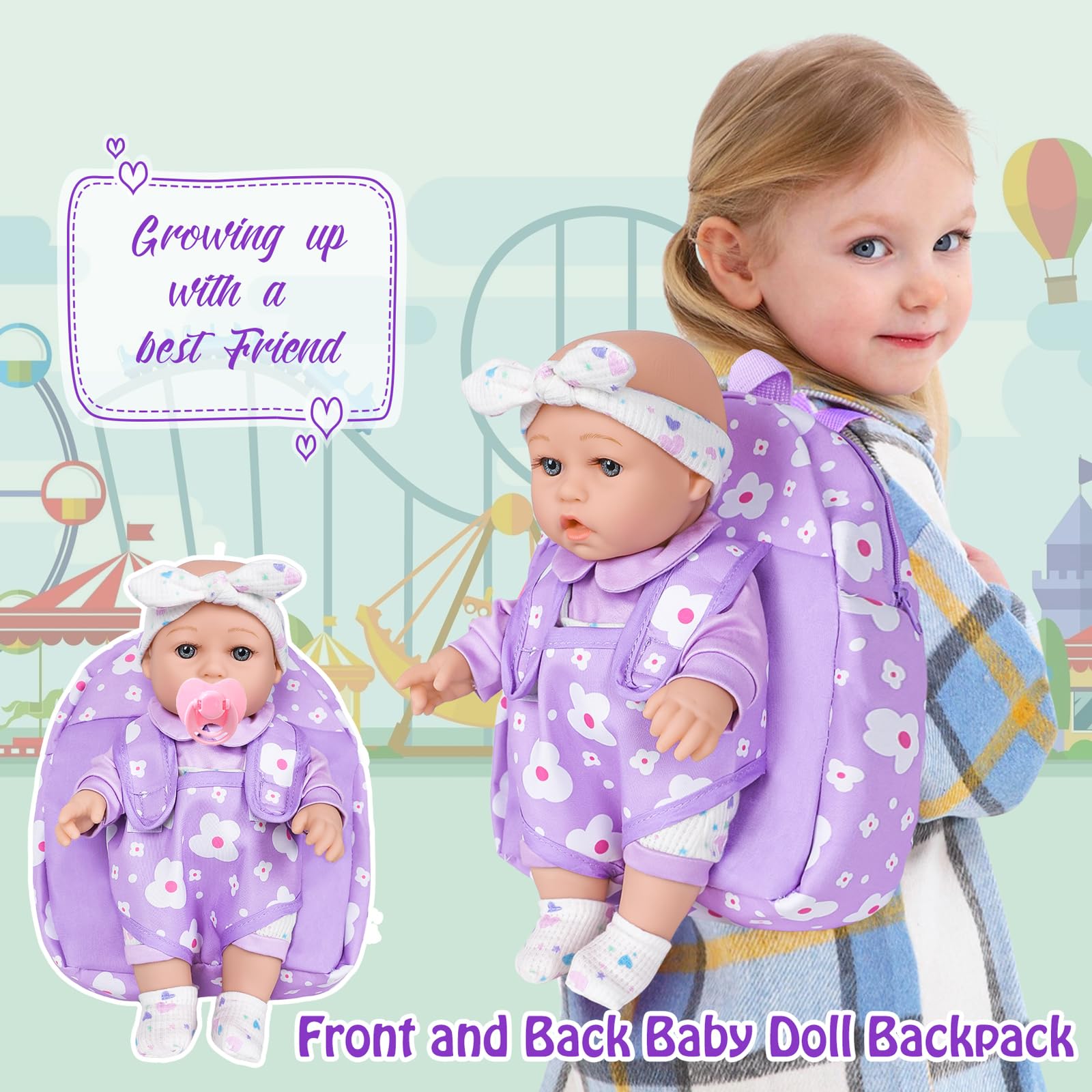 12" Baby Doll with Flower Pattern Backpack Carrier and Accessories Toys