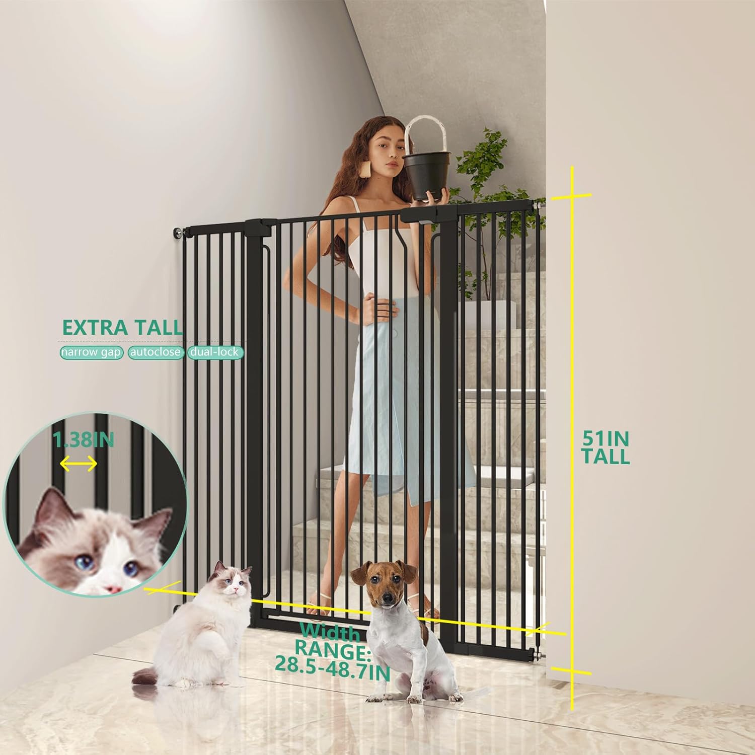 51" Extra Tall Cat Gate for Doorway Auto Close Encrypted Cat Gate 28.5"-48.7" Adjustable Width Pet