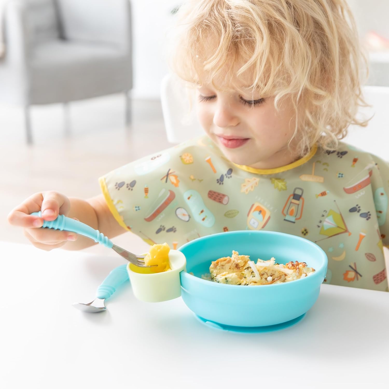 Bumkins Toddler Utensils, Kids Size Fork and Spoon Set, Silicone and Stainless-Steel Training