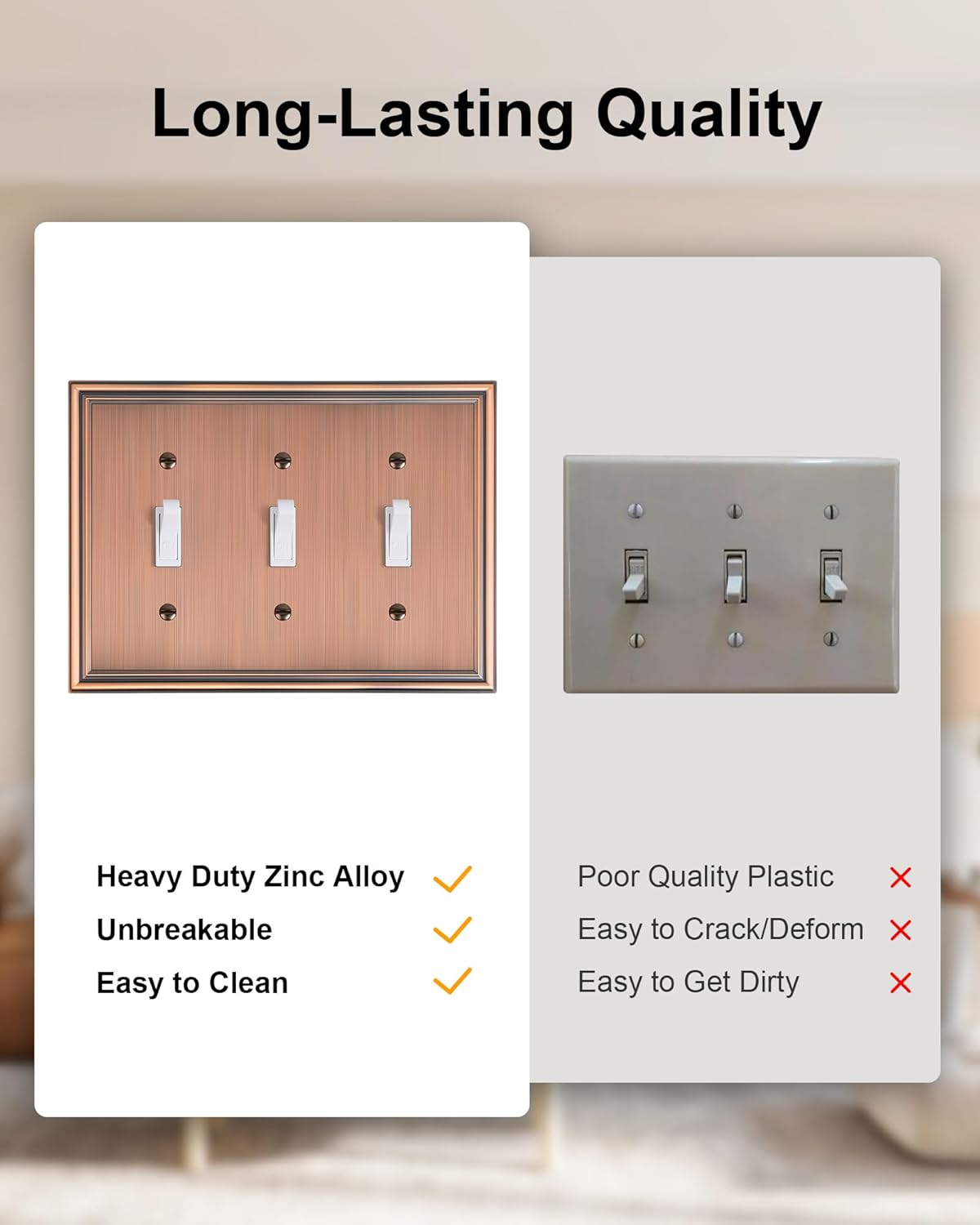 2-Pack Triple Toggle Light Switch Cover Plate, Durable Solid Zinc Alloy Decorative Switch Plate