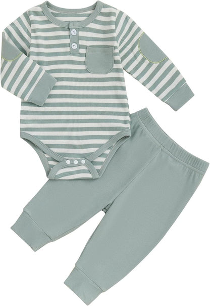 fhutpw Baby Boy Clothes 3 6 12 18 Months Ribbed Knitted Long Sleeve Romper and Pants Sets Newborn