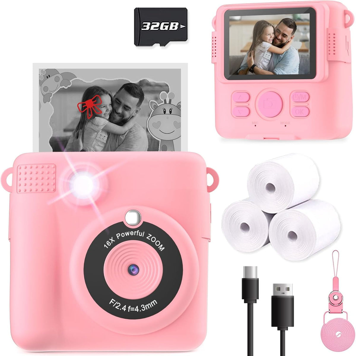 Instant Print Camera for Kids, Christmas Birthday Gifts Girls Boys Age 3-12, HD Digital Video