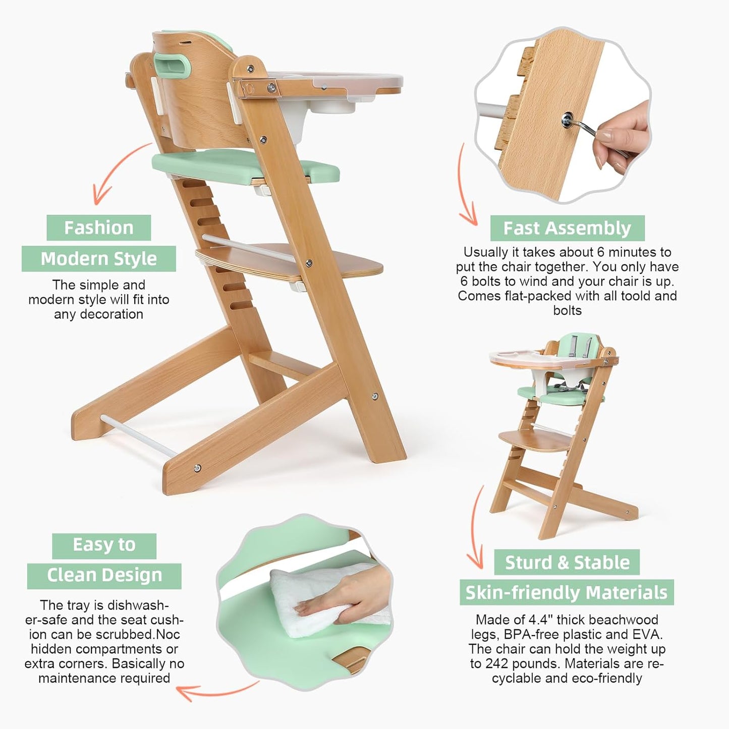 Cowiewie Natural Wooden High Chair for Babies & Toddlers 3-Tier Remove Adjustable Tray and
