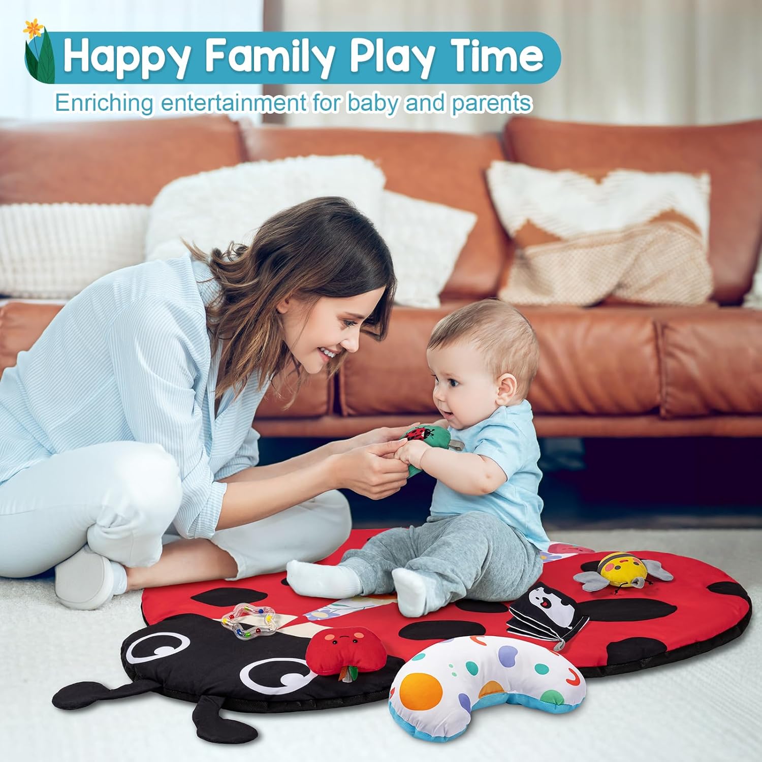 Jyusmile Baby Play Gym Mat, 8-in-1 Tummy Time Mat with 6 Toys, Washable Baby Activity Mat for