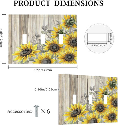 Decorative Switch Plates Floral Sunflower Rustic Flower Vintage Wood 3 Gang Wall Plate Triple