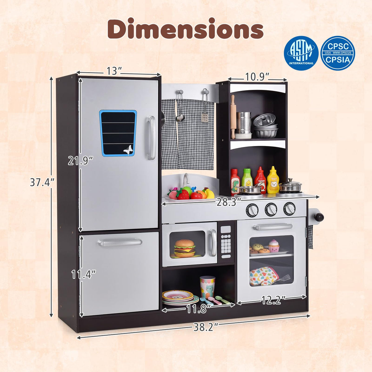 Costzon Kids Play Kitchen, Wooden Kids Kitchen Playset w/Realistic Sound, Microwave, Oven