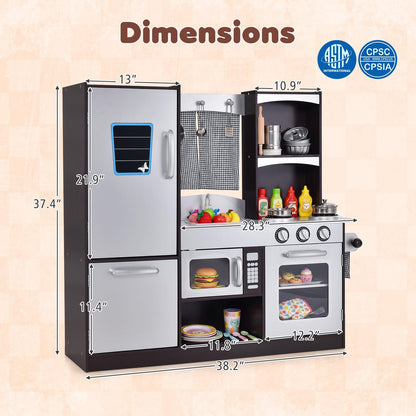 Costzon Kids Play Kitchen, Wooden Kids Kitchen Playset w/Realistic Sound, Microwave, Oven
