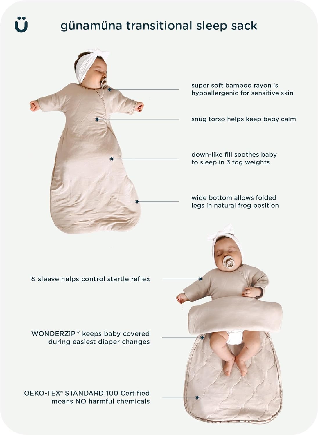 GUNAMUNA Long-Sleeve Transitional Swaddle Sleep Bag 1.0 TOG – Soothes Infants 3-6 Months, Easy