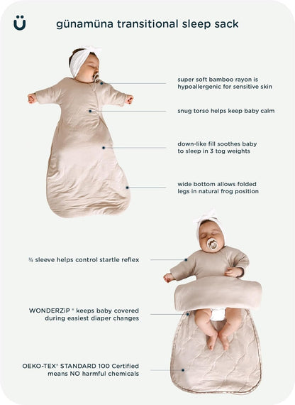 GUNAMUNA Long-Sleeve Transitional Swaddle Sleep Bag 1.0 TOG – Soothes Infants 3-6 Months, Easy