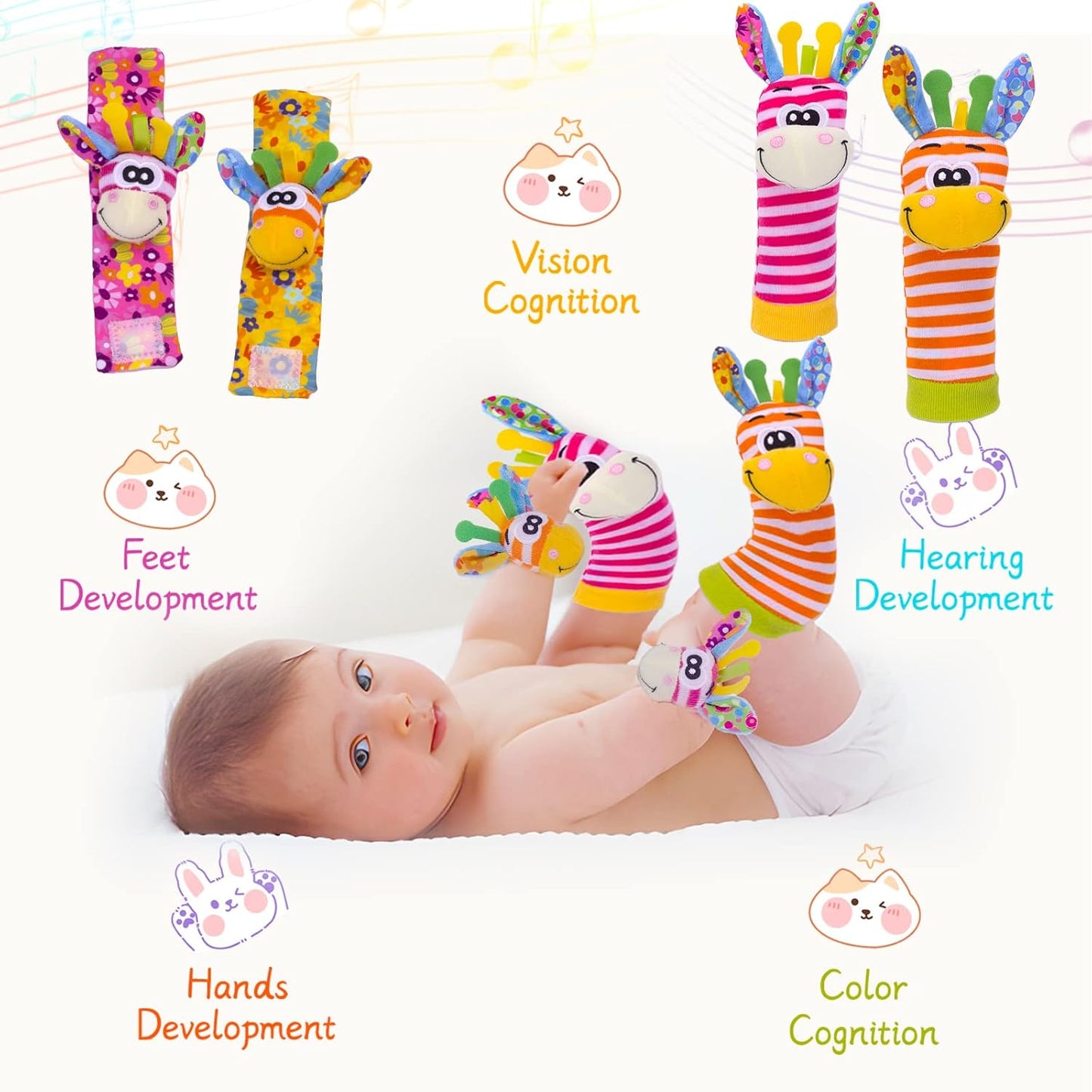 Wrist Rattles Baby Socks Baby Toys Set Soft Sensory Toys for Babies Cartoon Animal Rattles Sock