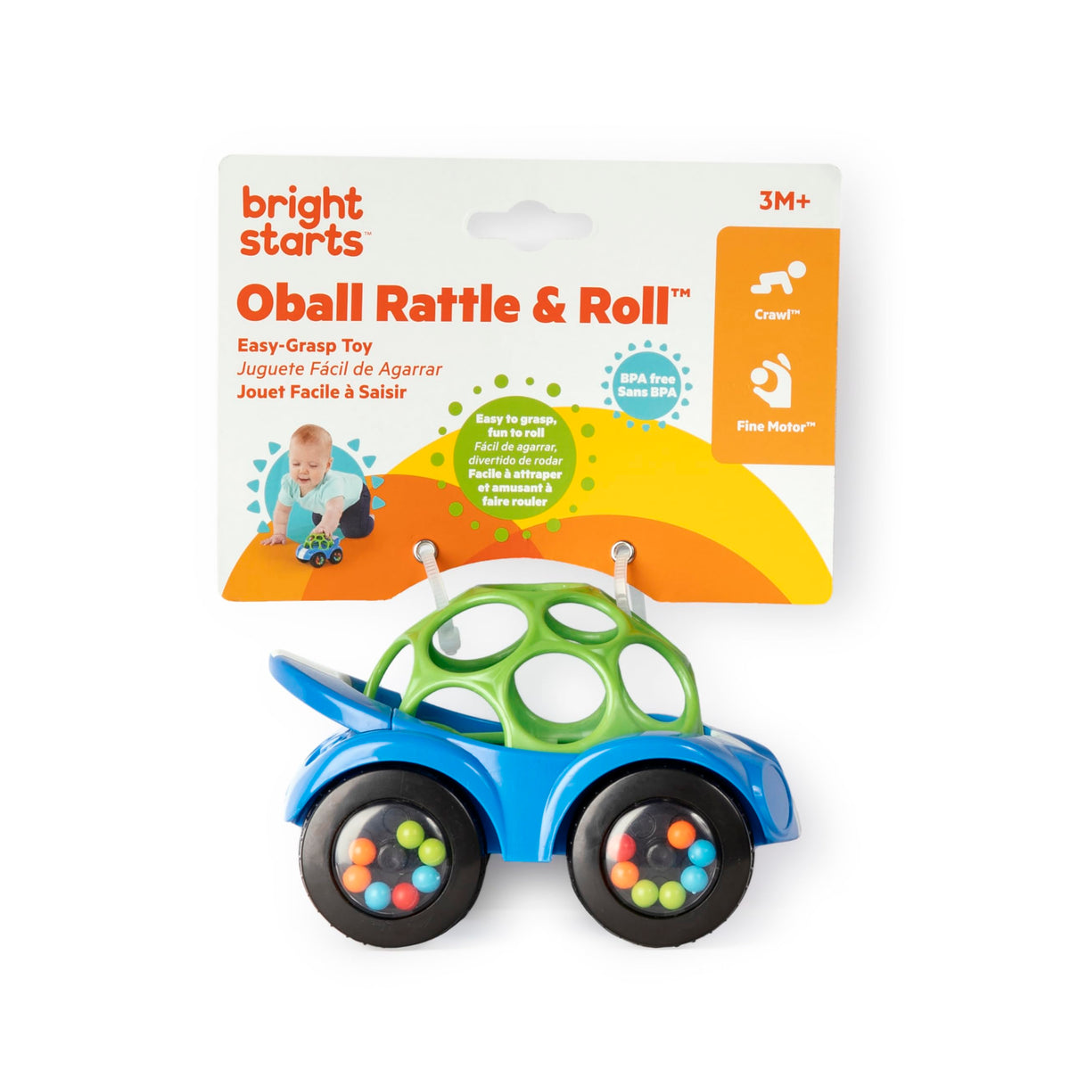 Bright Starts Oball Easy Grasp Rattle & Roll Toy Sports Car BPA-Free Infant Crawling Toy, 1 Pack