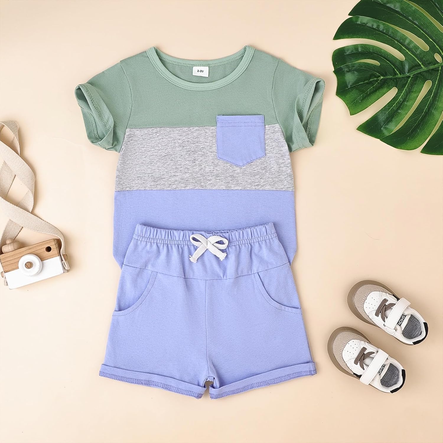 Baby Boy Clothes Toddler Boy Summer Outfits Short Sleeve Patchwork Top T-shirt & Pocket Pant Set 2