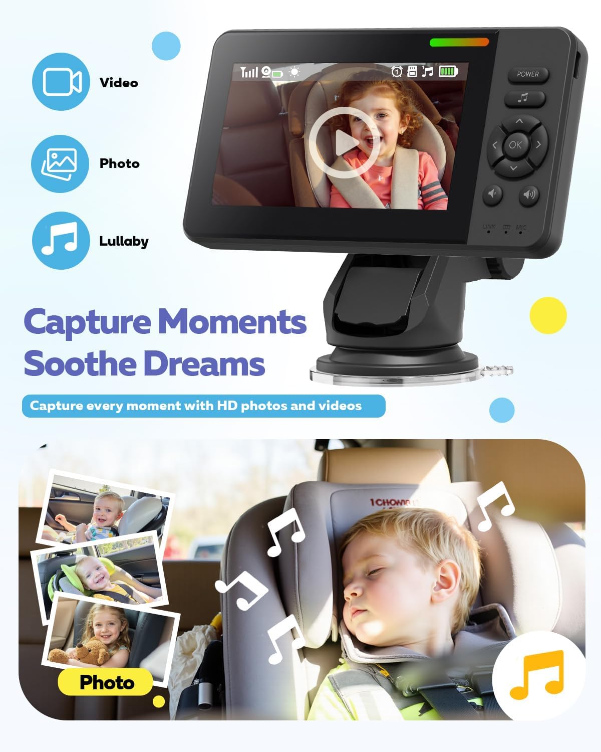 Wireless Baby Car Camera with 1080P Advanced Night Vision and 32H Battery, No Wi-Fi Needed Easy